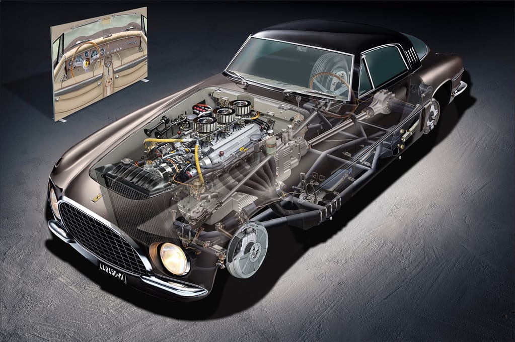 Ferrari 250 Europa cutaway illustration showing engine, suspension and chassis structure