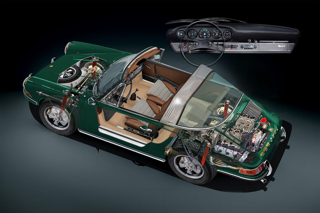 Porsche 911F cutaway illustration showing six cylinder boxer engine, suspension and chassis structure