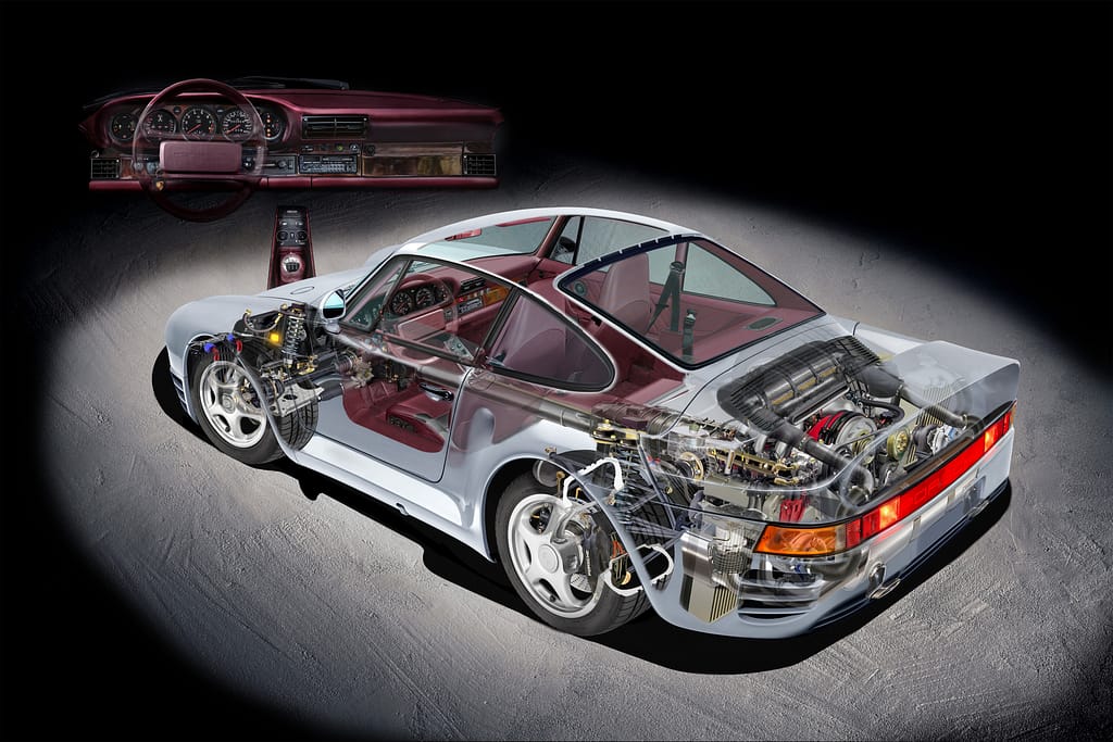Porsche 959 cutaway illustration revealing twin-turbo engine and drivetrain layout