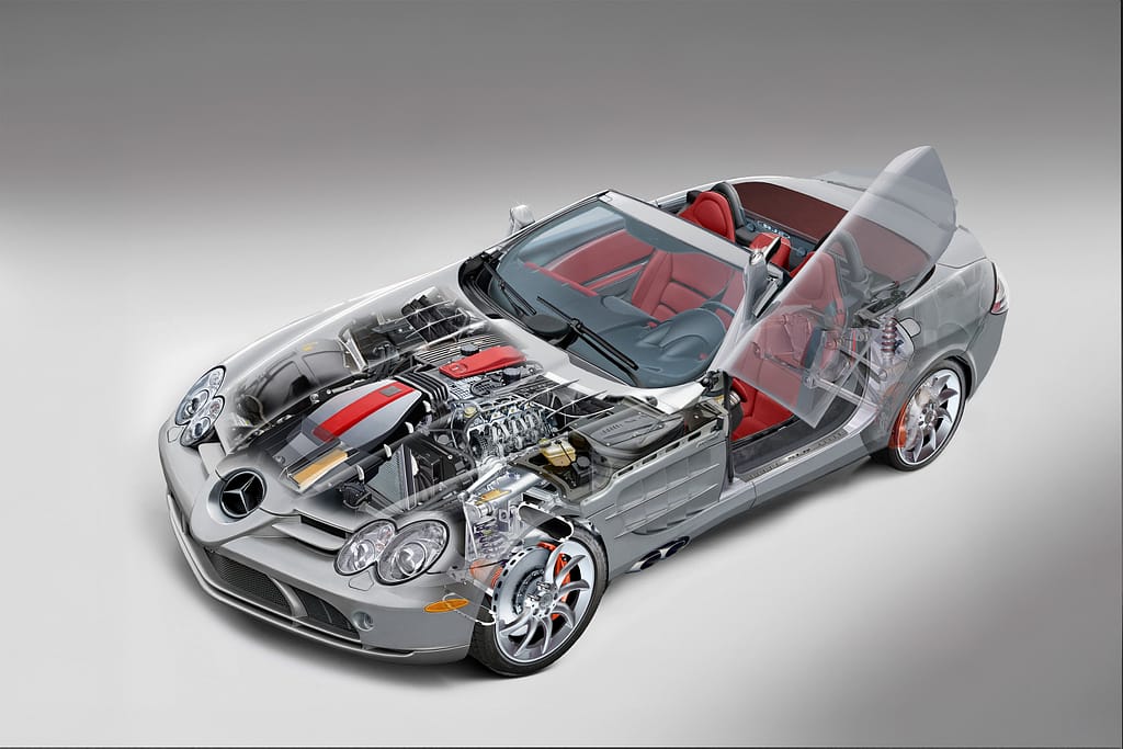 Photorealistic cutaway illustration of Mercedes MsLaren SLR showing chassis and drivetrain