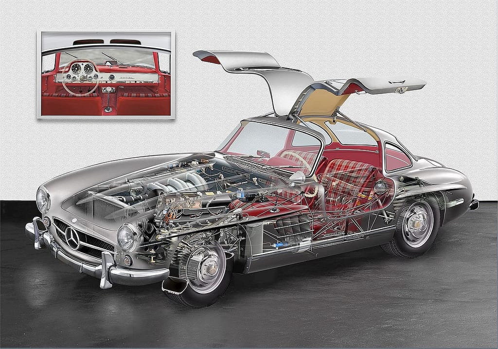 Mercedes 300 SL cutaway illustration showing tubular frame and engine