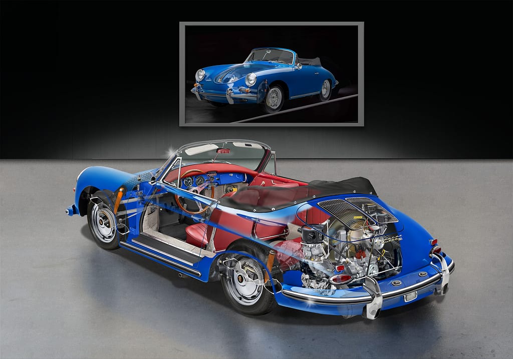 Porsche 356 Cabrio cutaway illustration showing boxer engine, suspension and chassis structure