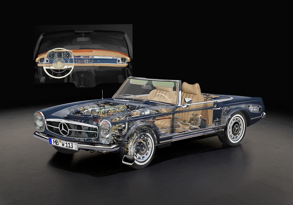 Mercedes pagoda cutaway illustration showing R6 engine, suspension and chassis structure