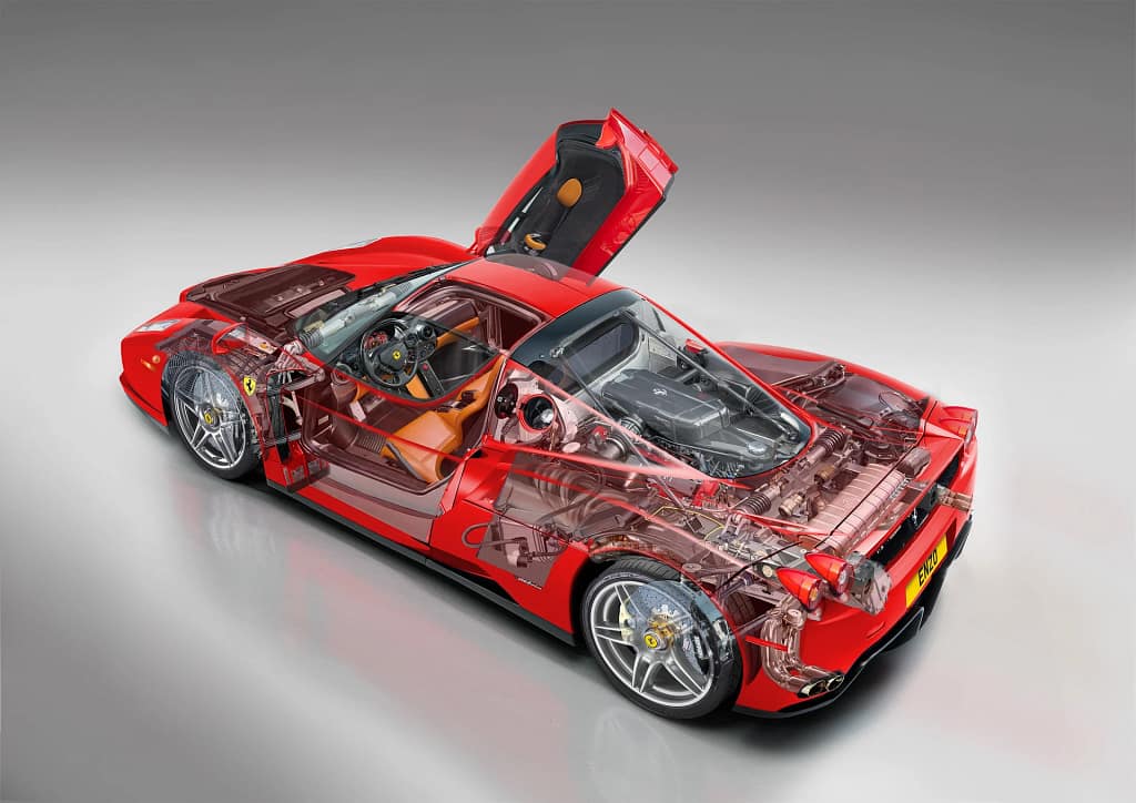 Photorealistic cutaway illustration of Ferrari 2Enzo showing chassis and drivetrain