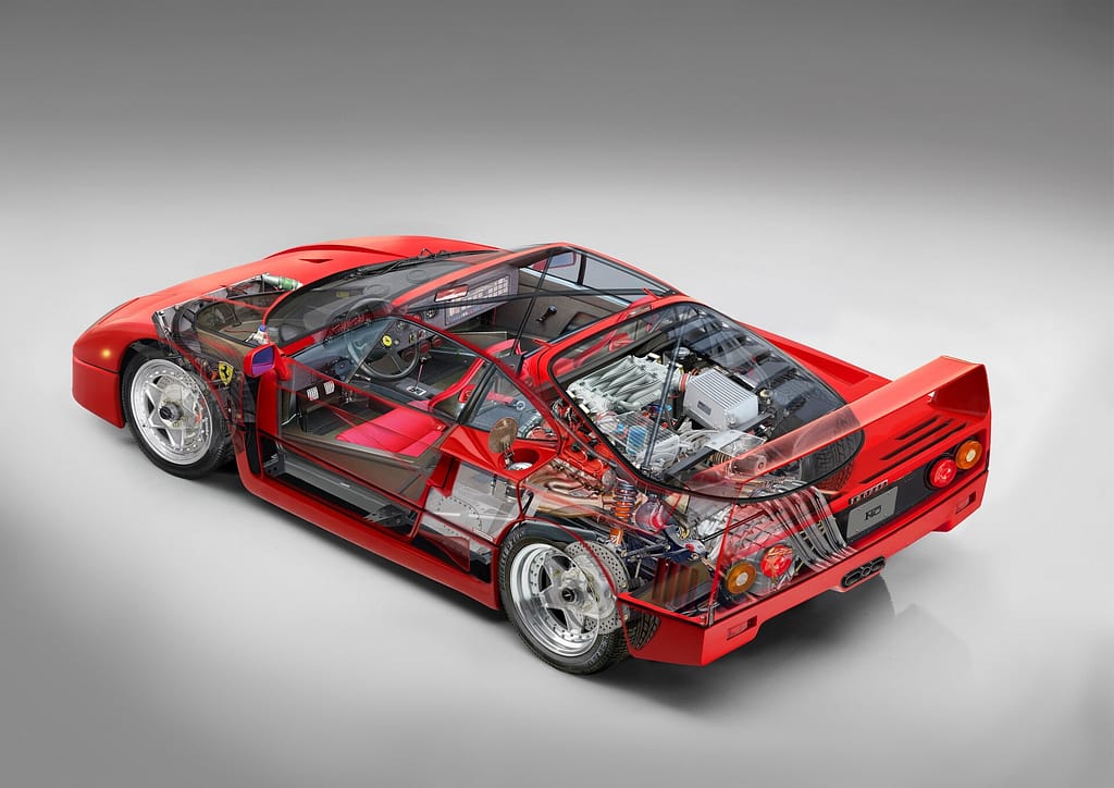 Photorealistic cutaway illustration of Ferrari F40 showing chassis and drivetrain