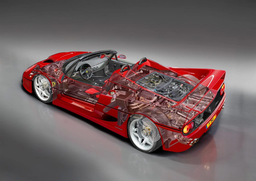 Photorealistic cutaway illustration of Ferrari F50 showing chassis and drivetrain