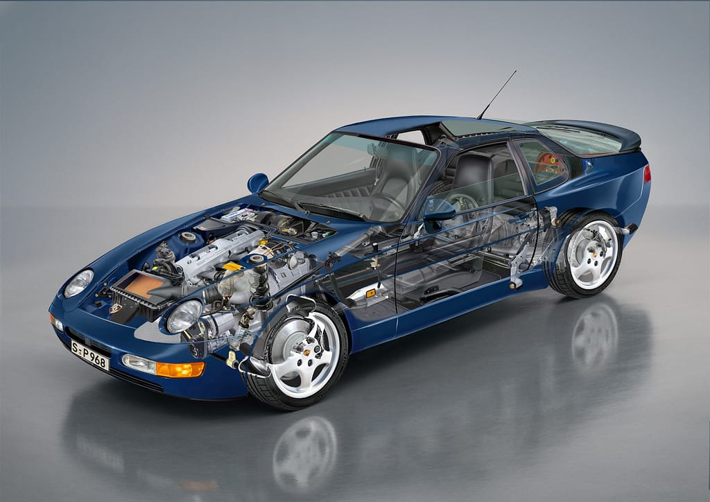 Porsche 968 cutaway illustration showing transaxle details, engine and suspension
