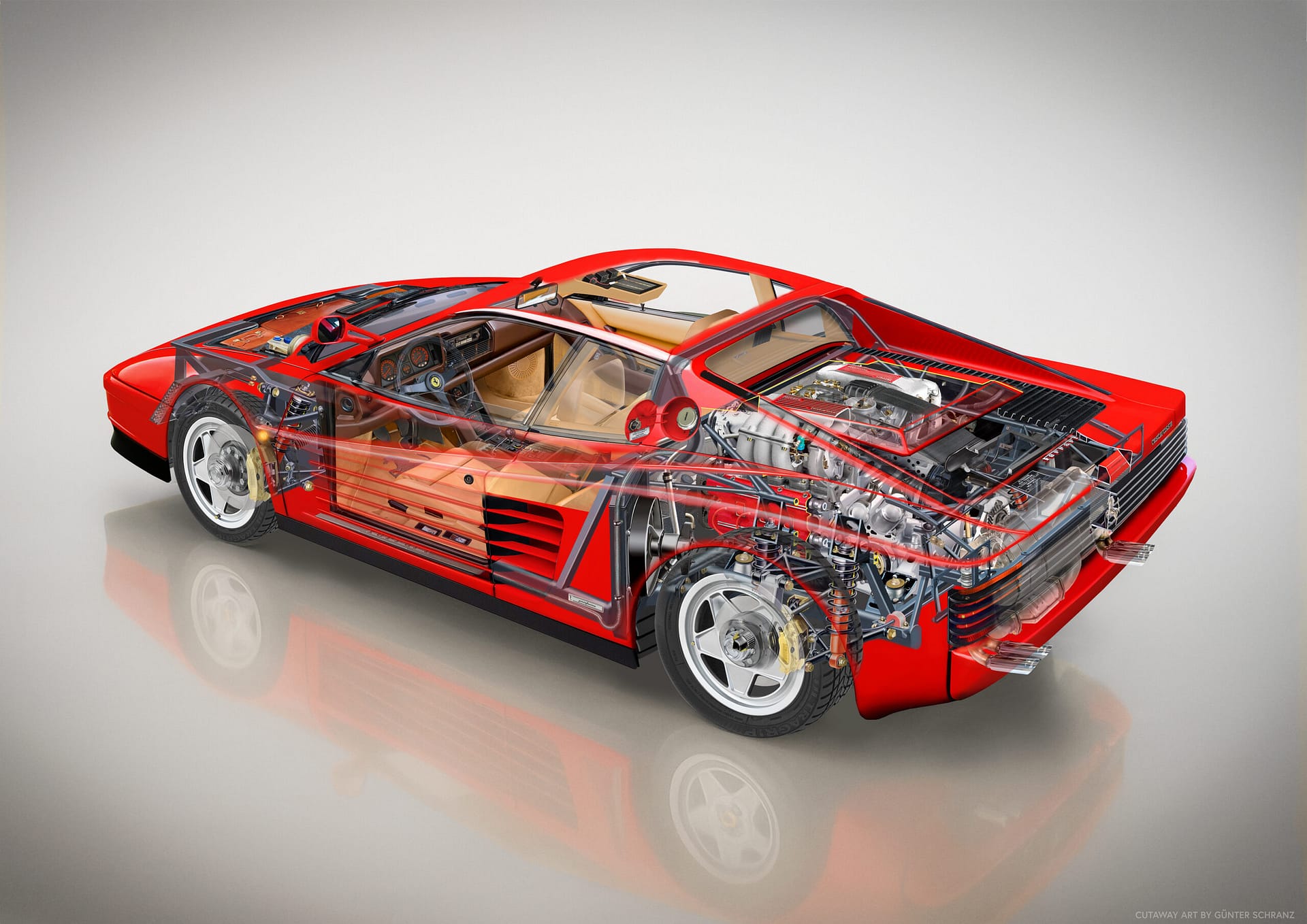 Photorealistic cutaway illustration of Ferrari Testarossa showing chassis and drivetrain
