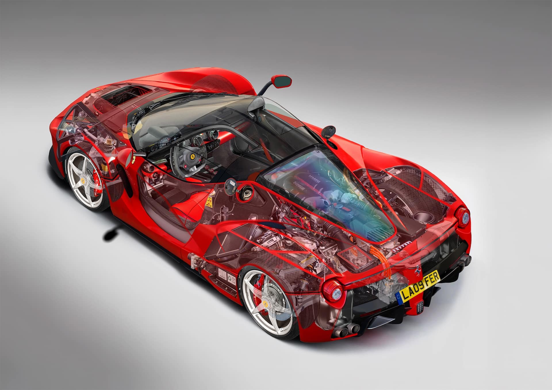 Photorealistic cutaway illustration of Ferrari LaFerrari showing chassis and drivetrain