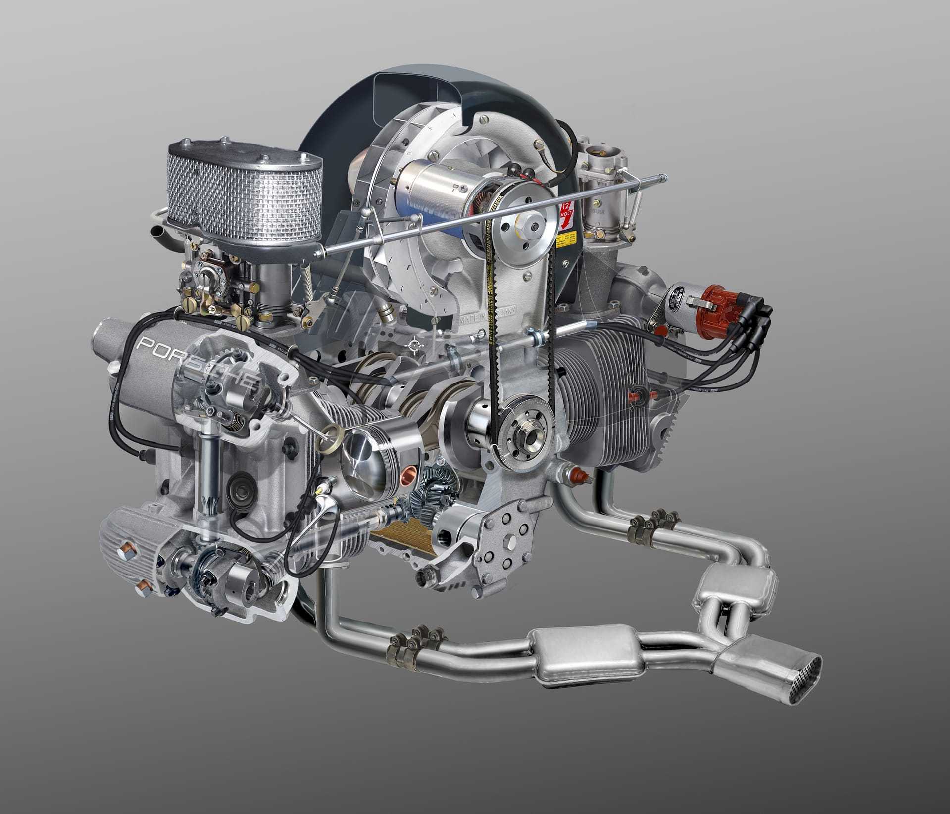 Porsche Fuhrmann engine cutaway illustration showing details